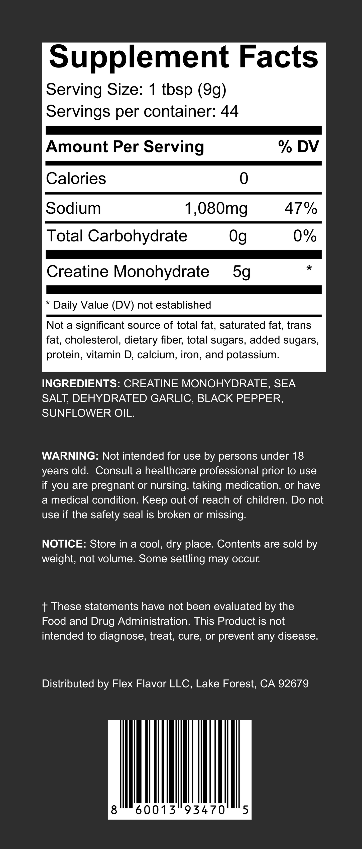 Flex Flavor Creatine Supplement Seasoning Salt Pepper Garlic supplement facts