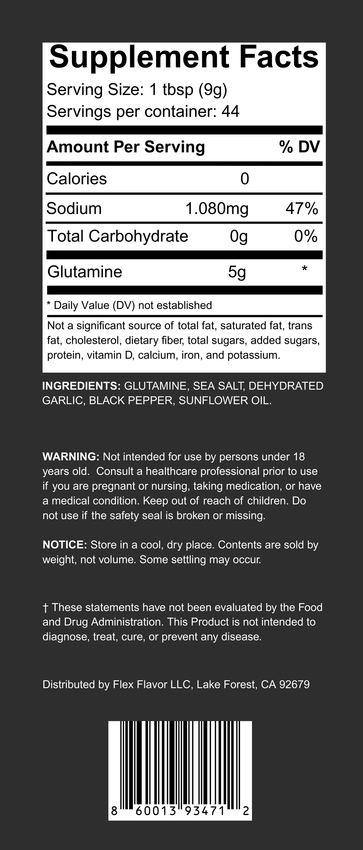 Flex Flavor Glutamine Supplement Seasoning Salt Pepper Garlic supplement facts