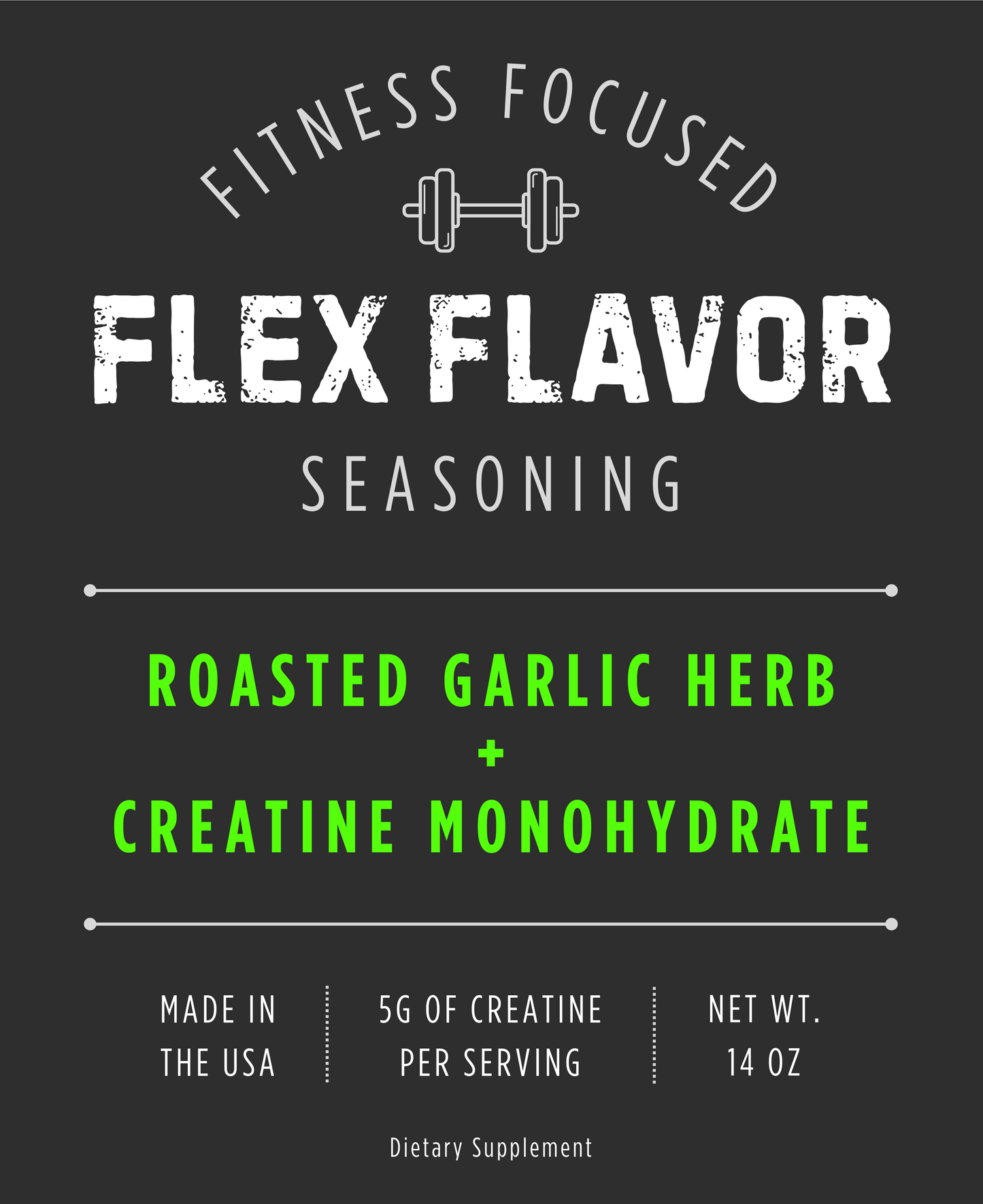 Flex Flavor Creatine Supplement Seasoning Roasted Garlic Herb center label