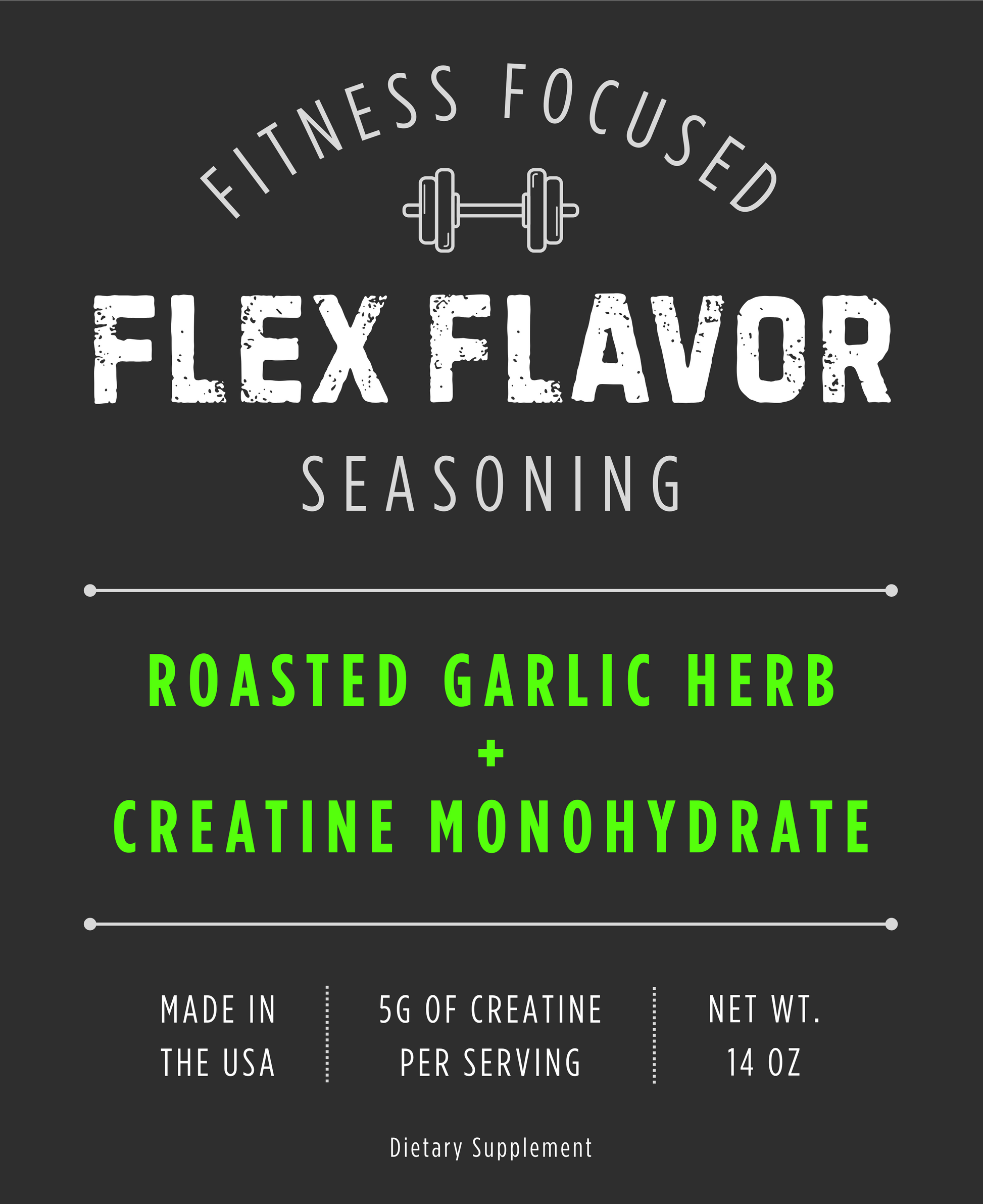 Flex Flavor Creatine Supplement Seasoning Roasted Garlic Herb center label
