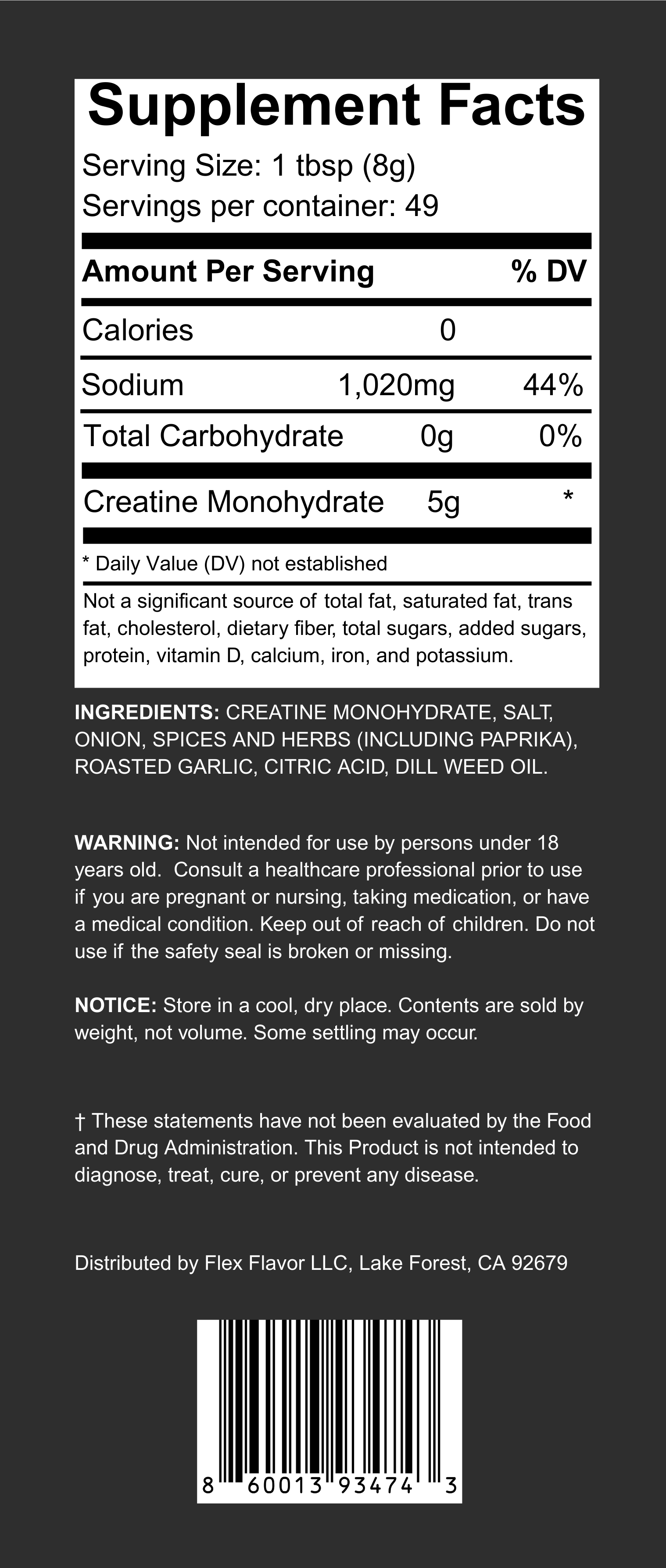 Flex Flavor Creatine Supplement Seasoning Roasted Garlic Herb supplement facts
