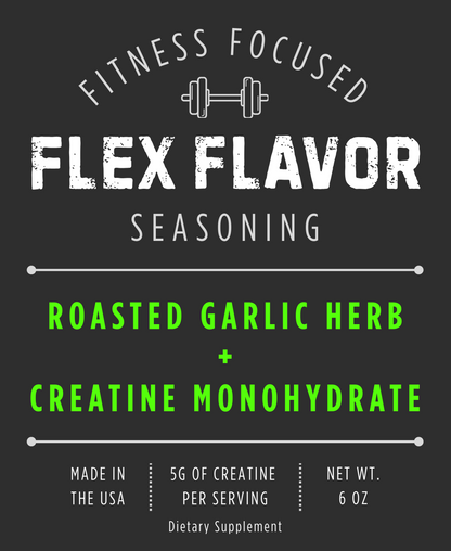 Flex Flavor Creatine Supplement Seasoning Roasted Garlic Herb center label
