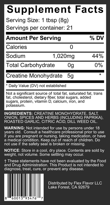 Flex Flavor Creatine Supplement Seasoning Roasted Garlic Herb supplement facts