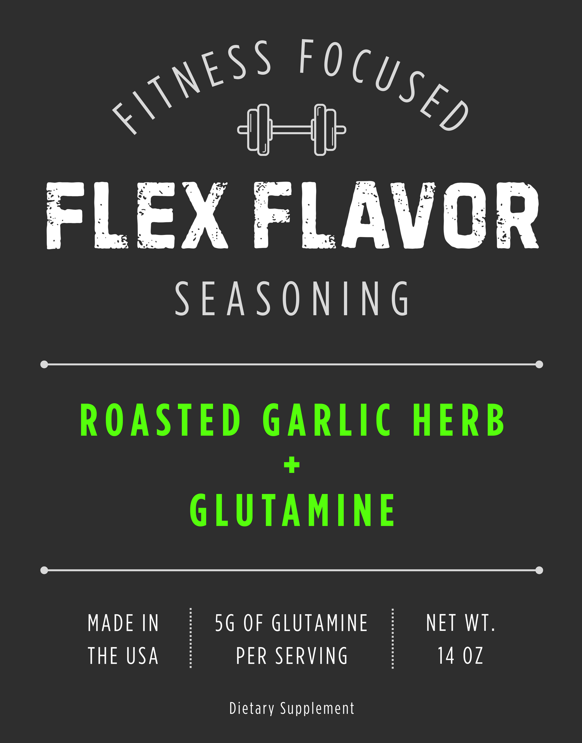 Flex Flavor Glutamine Supplement Seasoning Roasted Garlic Herb center label
