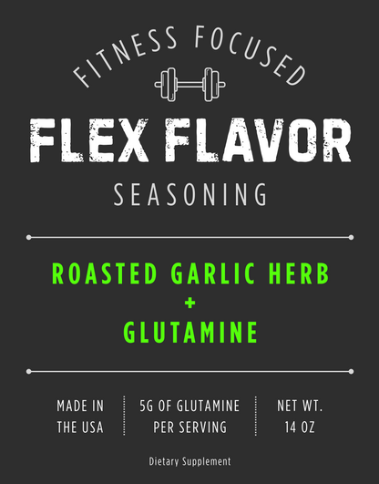 Flex Flavor Glutamine Supplement Seasoning Roasted Garlic Herb center label