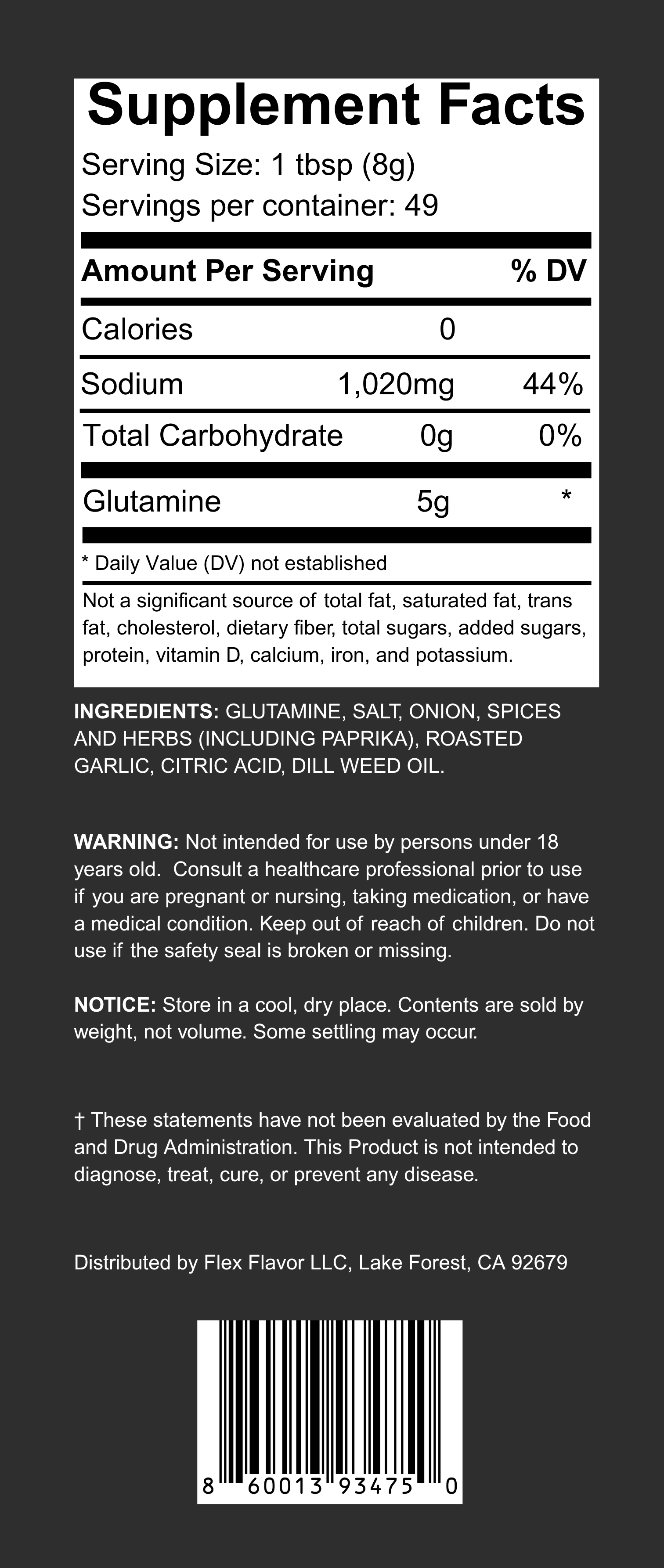 Flex Flavor Glutamine Supplement Seasoning Roasted Garlic Herb supplement facts