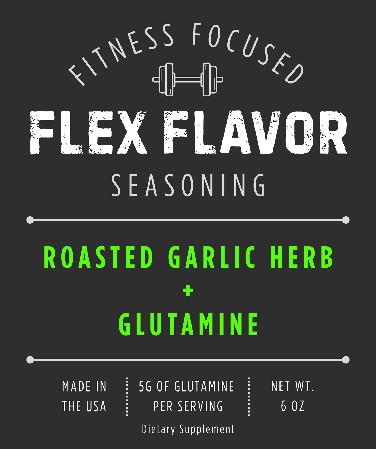 Flex Flavor Glutamine Supplement Seasoning Roasted Garlic Herb center label