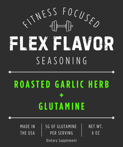 Flex Flavor Glutamine Supplement Seasoning Roasted Garlic Herb center label