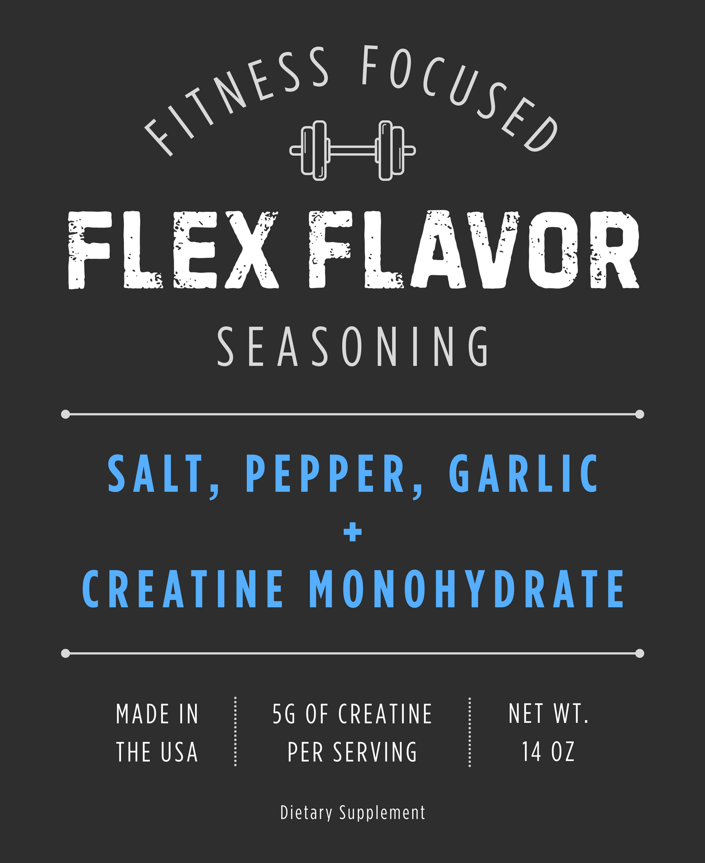 Flex Flavor Creatine Supplement Seasoning Salt Pepper Garlic center label
