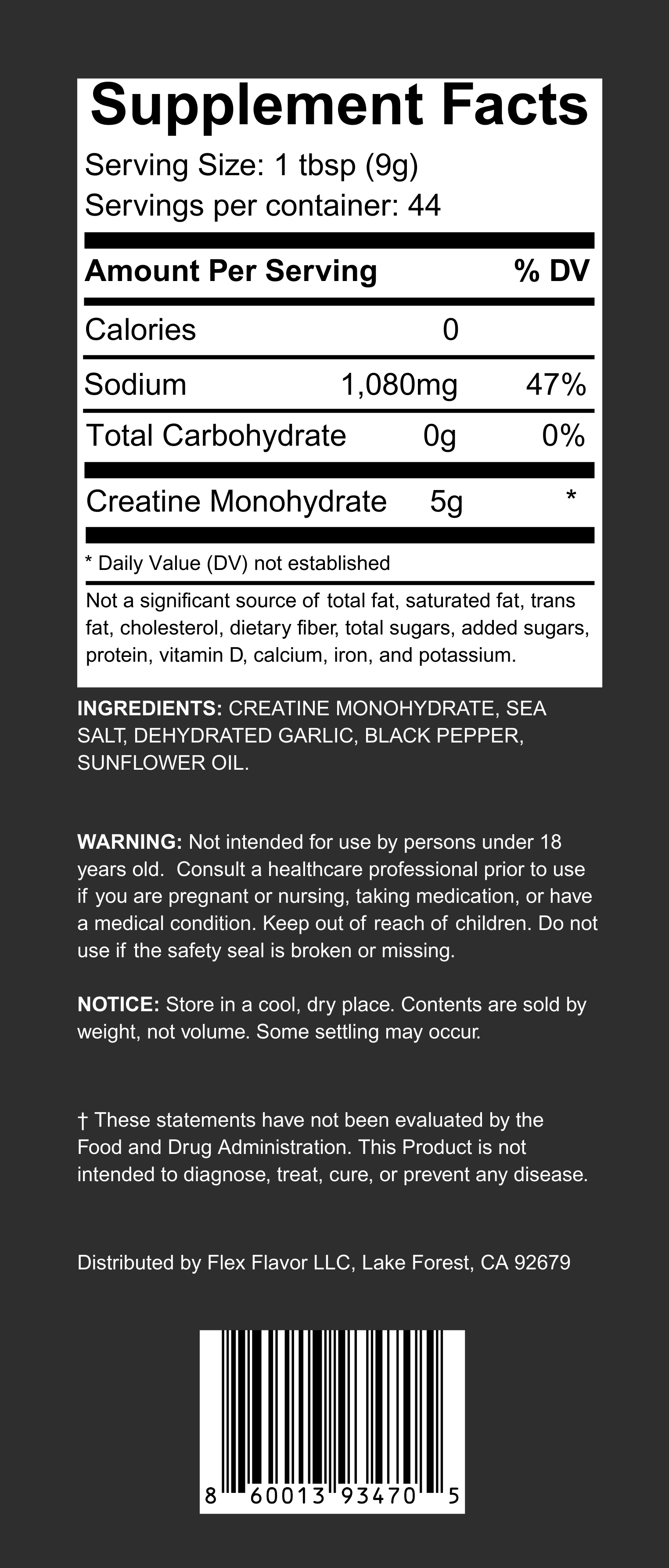 Flex Flavor Creatine Supplement Seasoning Salt Pepper Garlic supplement facts