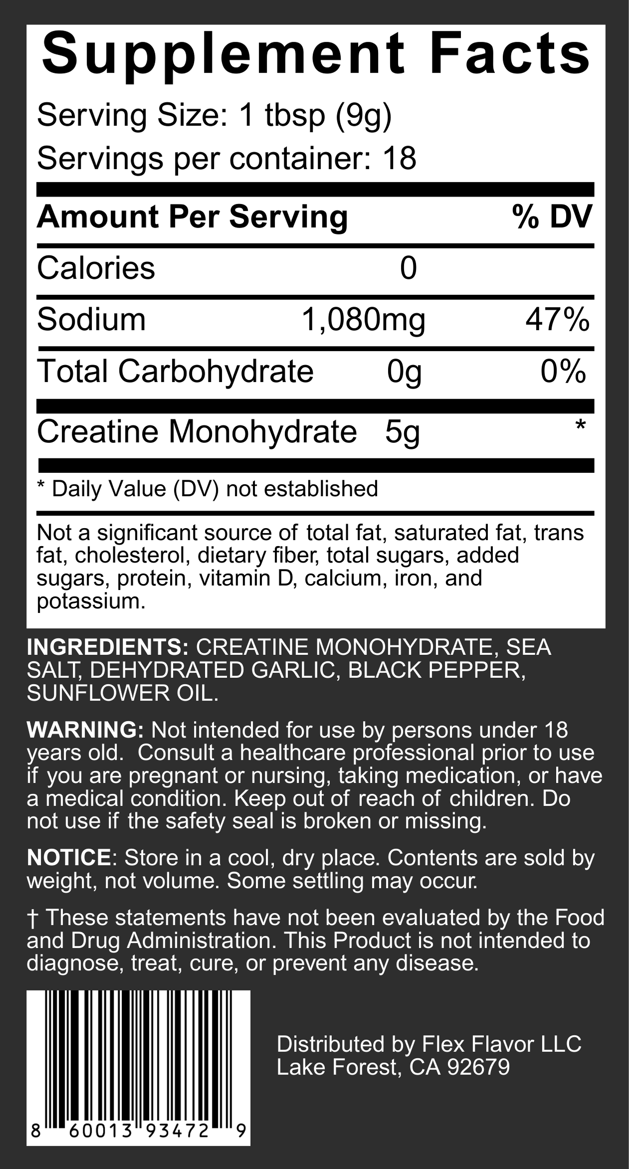 Flex Flavor Creatine Supplement Seasoning Salt Pepper Garlic supplement facts