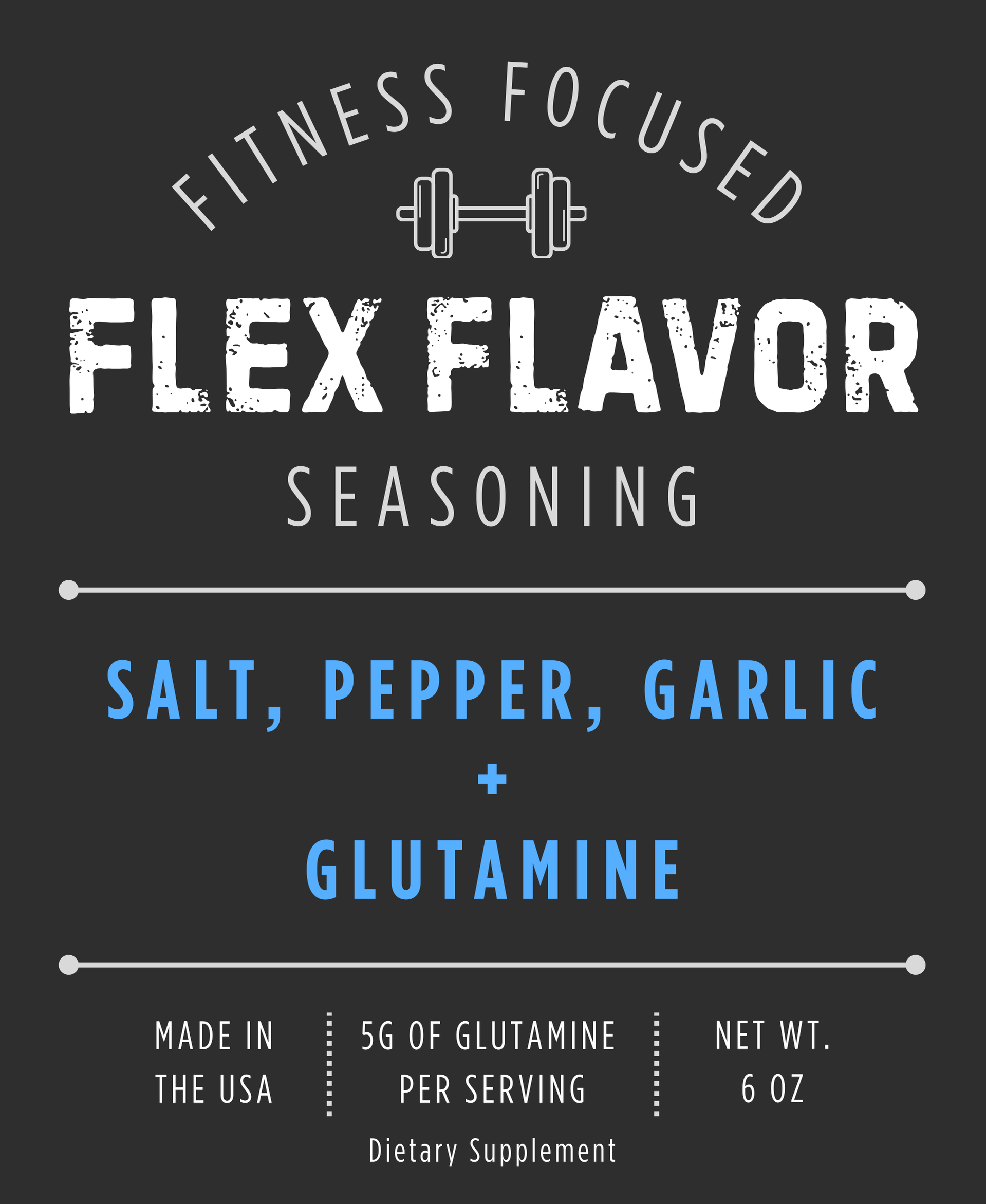 Flex Flavor Glutamine Supplement Seasoning Salt Pepper Garlic center label